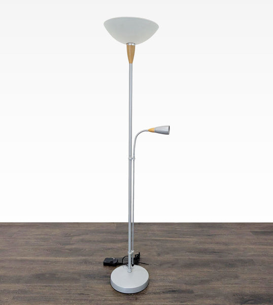 1. Silver floor lamp with a round base, upward main light, flexible reading light, and wood-style accents.