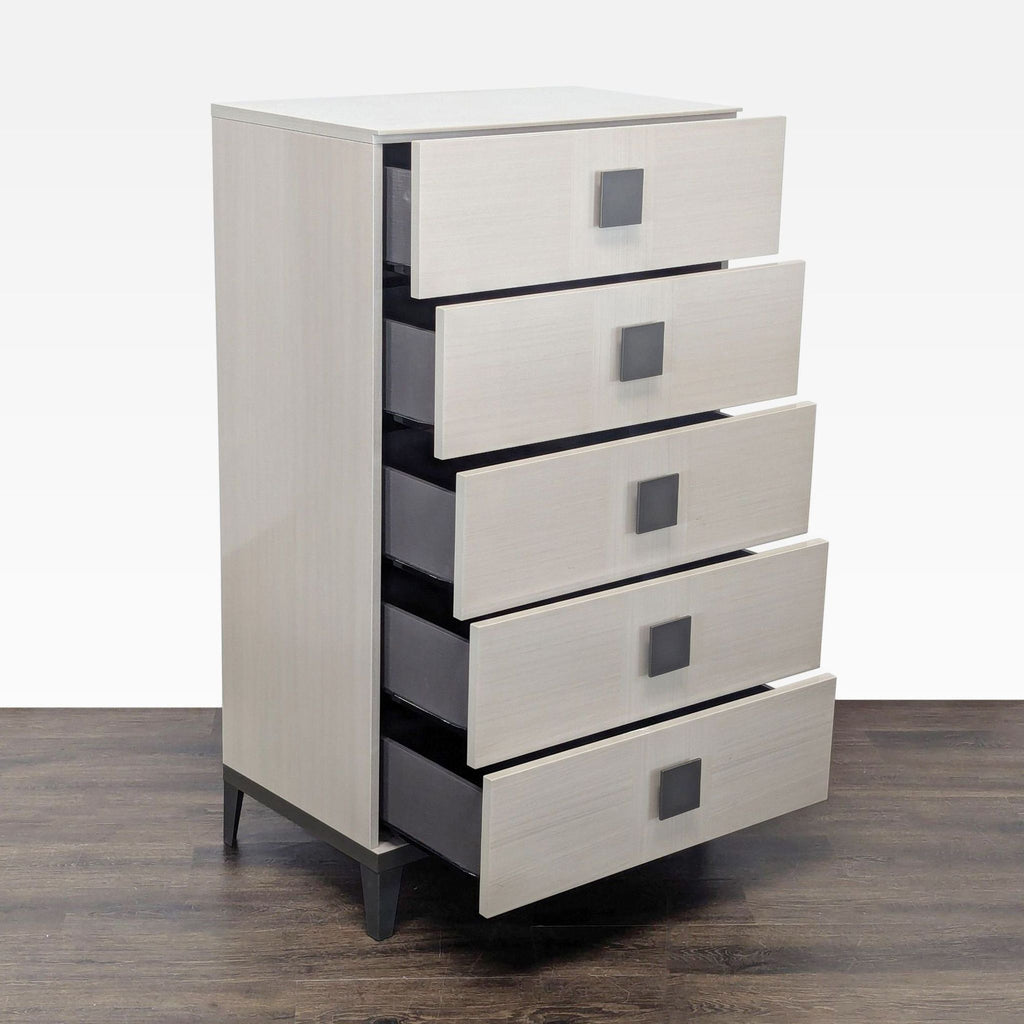 Side perspective of Alf + DaFre dresser showing all five drawers open, highlighting spacious storage and sleek design.