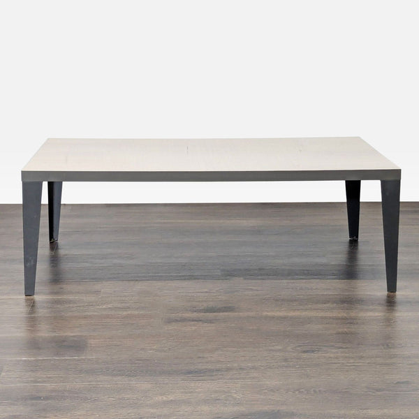 Modern Italian table by Alf + DaFre with light koto high gloss finish and sleek grey metal legs.  