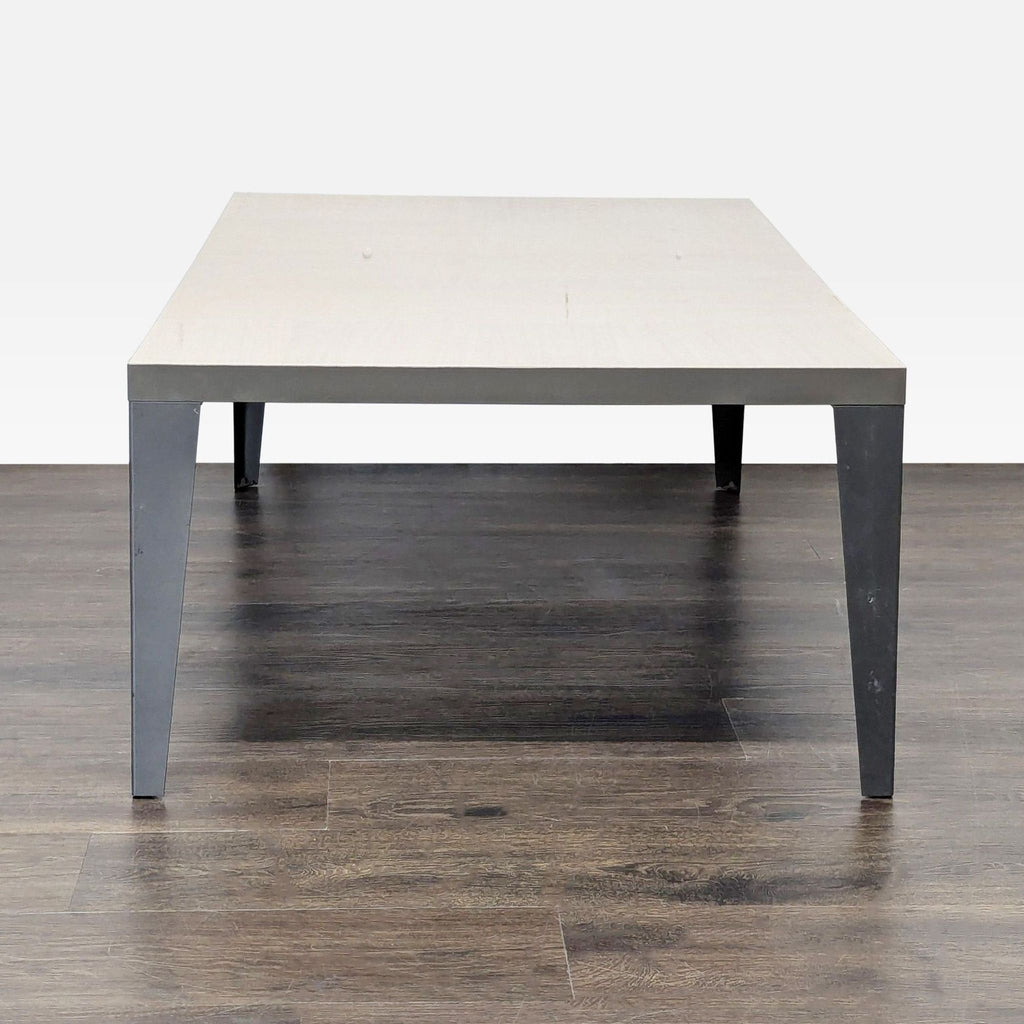 Italian-made Alf coffee table in wood veneer with glossy light finish and sturdy grey metal base.  