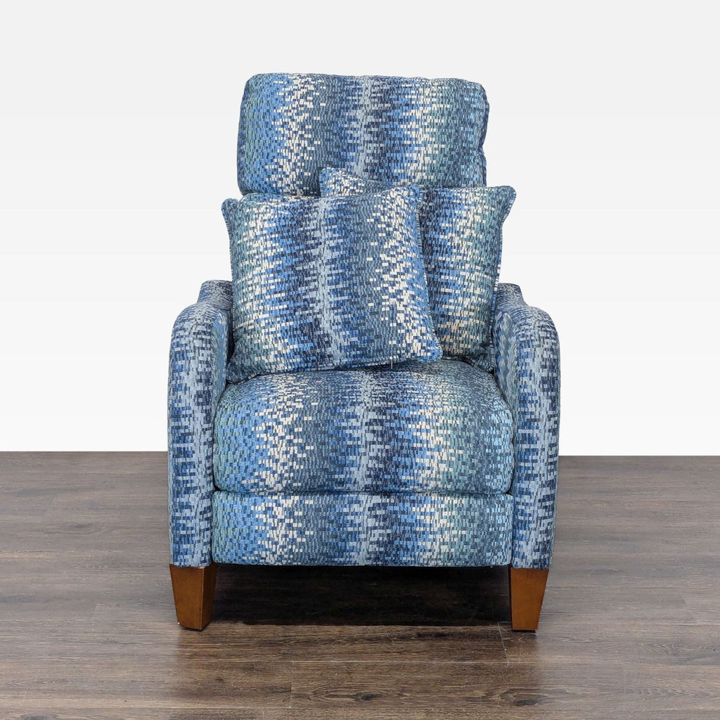 1. Blue patterned lounge chair with matching cushions, recliner function, and wooden legs, viewed from the front.