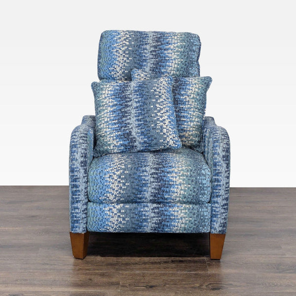 1. Blue patterned lounge chair with matching cushions, recliner function, and wooden legs, viewed from the front.
