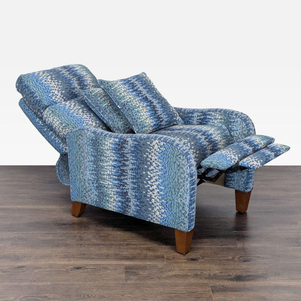 2. Reclined blue patterned lounge chair from Jiaxing Home Fortune Furniture, showing extended footrest.