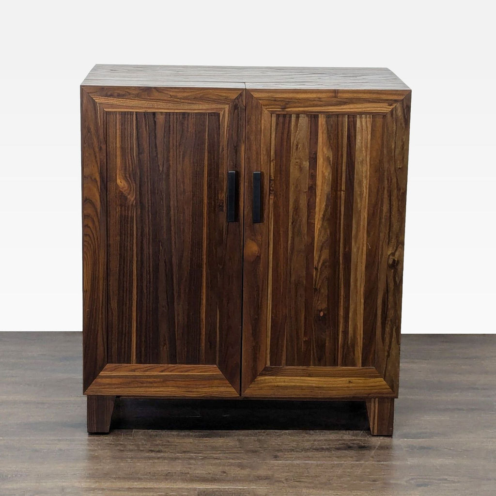 1. Stained shiitake elm cabinet from Crate and Barrel with steel pulls, featuring shelves, drawers, and bottle storage.  
