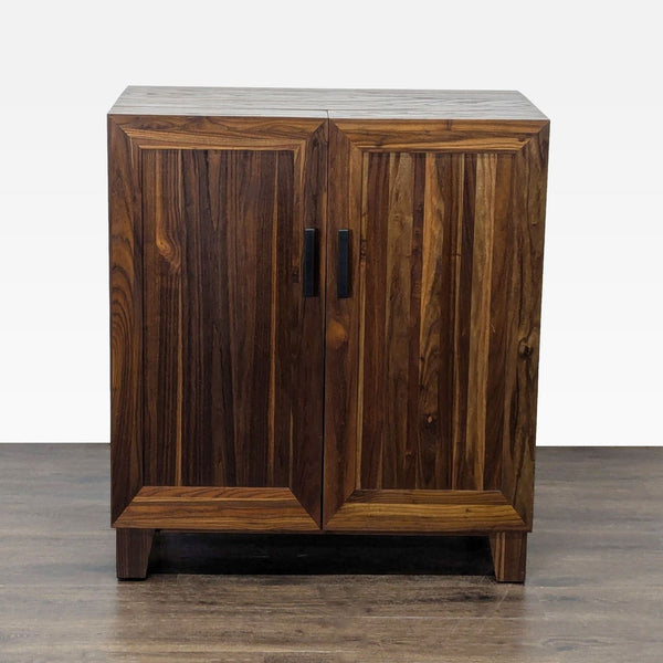 1. Stained shiitake elm cabinet from Crate and Barrel with steel pulls, featuring shelves, drawers, and bottle storage.  