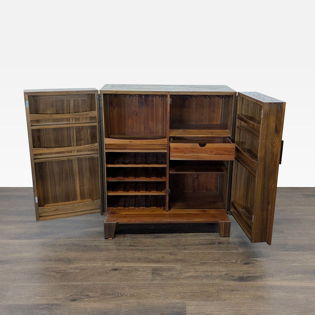 2. Solid elm bar cabinet with tung oil finish, interior wine racks, adjustable shelves, and stemware holders.  