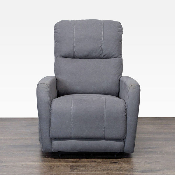 1. MotoMotion lounge chair in soft gray fabric, shown front view with plush cushioning and sturdy armrests.