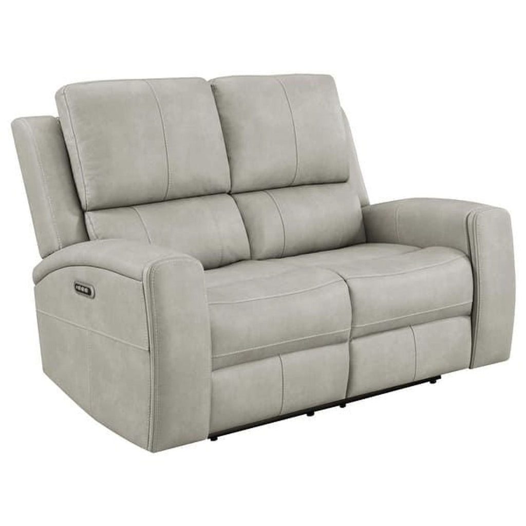1. Light gray faux leather power reclining loveseat from Coaster Fine Furniture, plush cushions, modern design.
