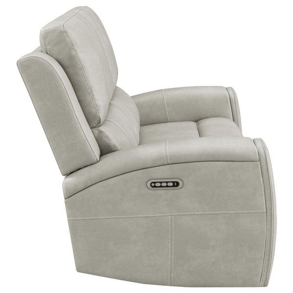 3. Side view of Coaster Fine Furniture loveseat in light gray faux leather, displaying power control panel and sturdy build.
