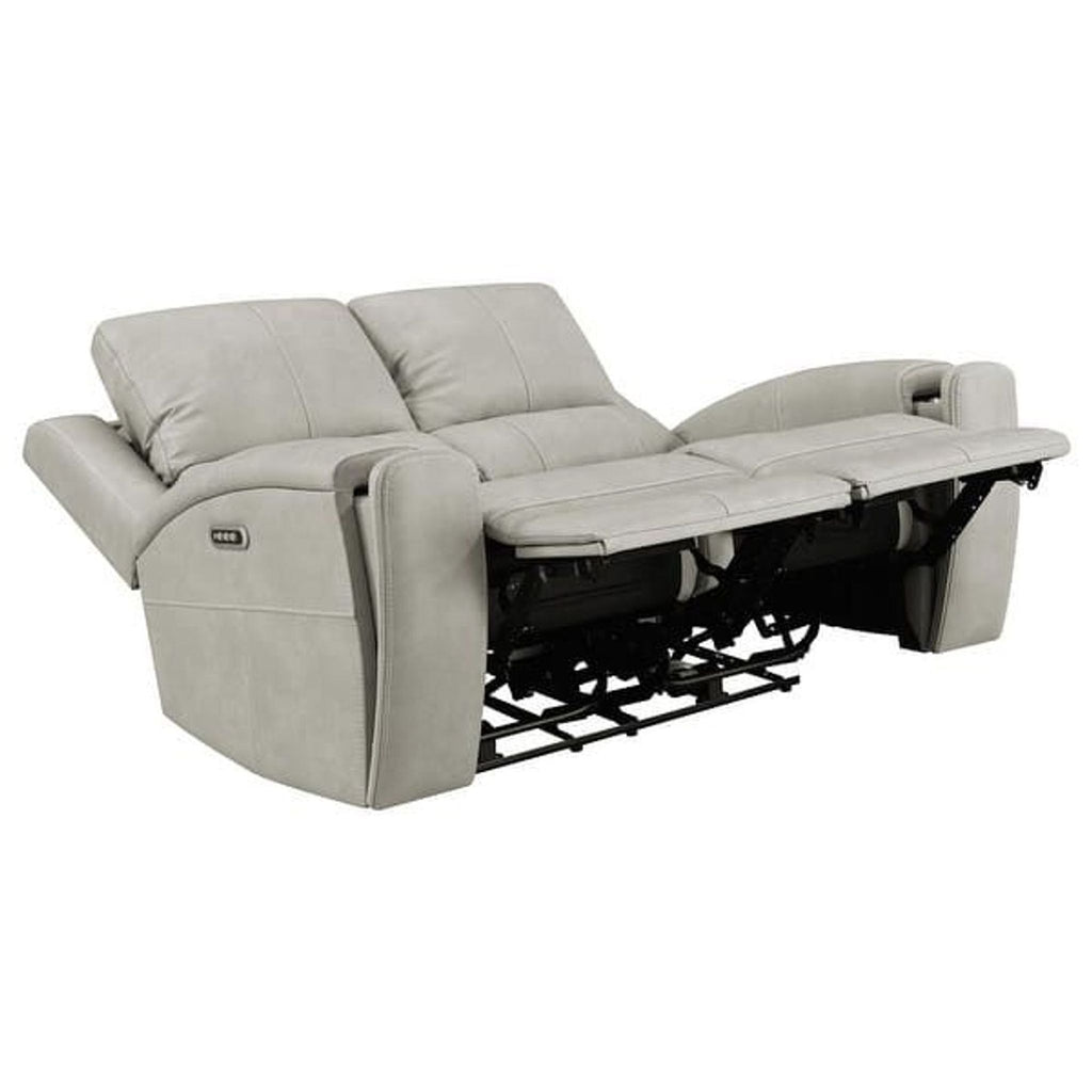 2. Coaster Fine Furniture power reclining loveseat fully extended, showing dual reclining seats and soft upholstery.