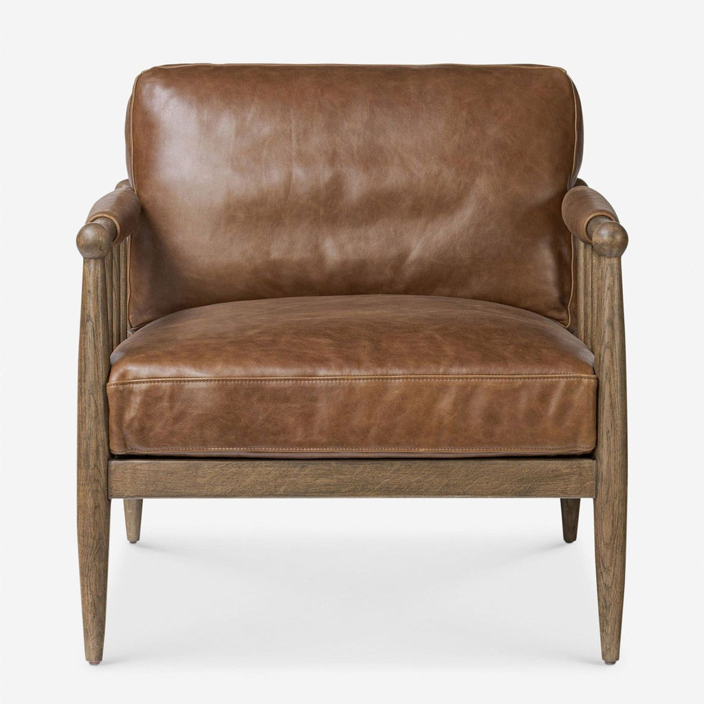 Lulu and Georgia Warren Brown Leather Lounge Chair with Wooden Frame