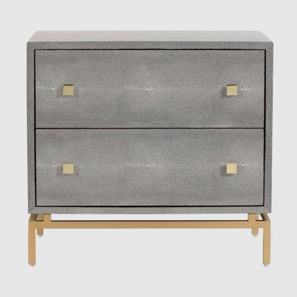 1. Front view of Maren Home faux shagreen end table with two drawers and brass base, showing square handles.