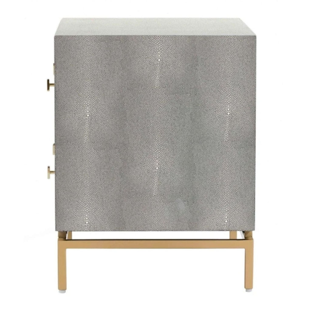 3. Side profile of Maren Home faux shagreen end table, highlighting the textured finish and brass base details.