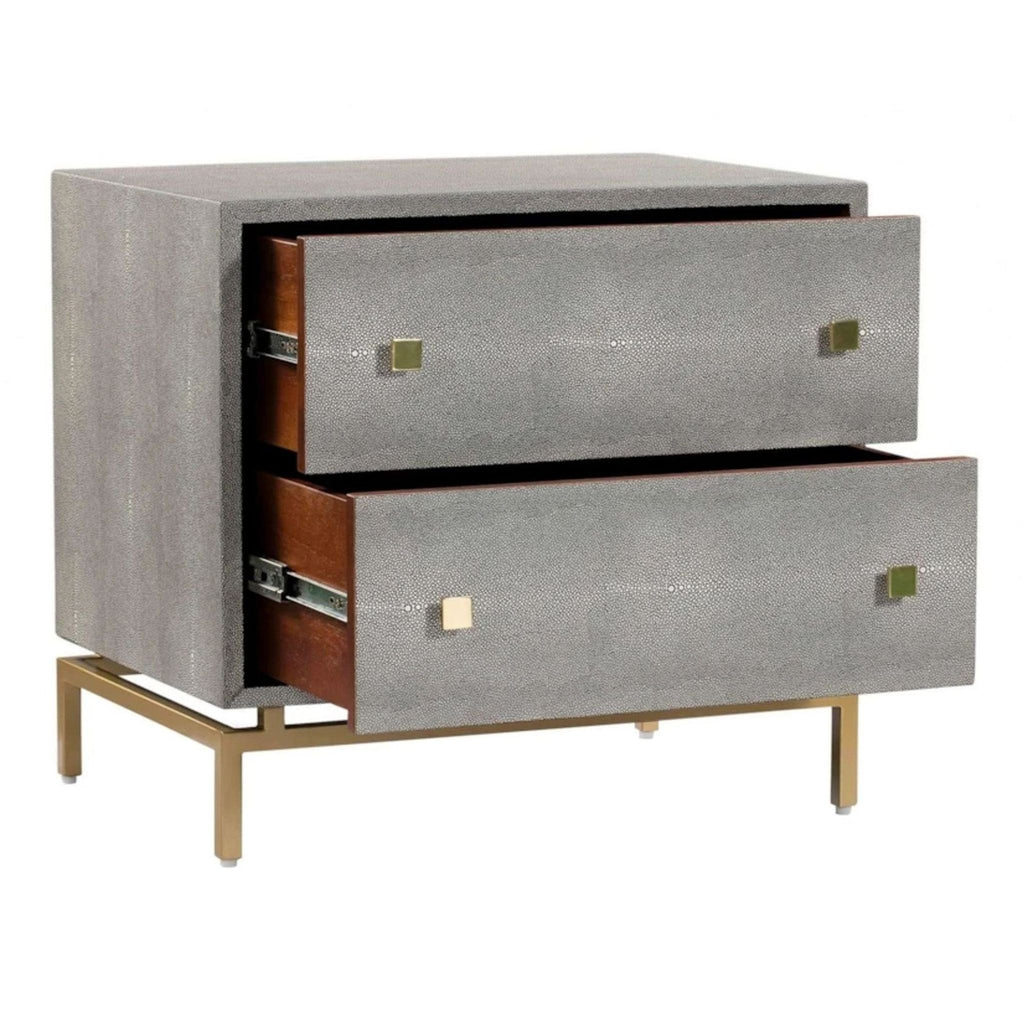 2. Angled view of two-drawer end table by Maren Home, both drawers open, with faux shagreen finish and brass legs.