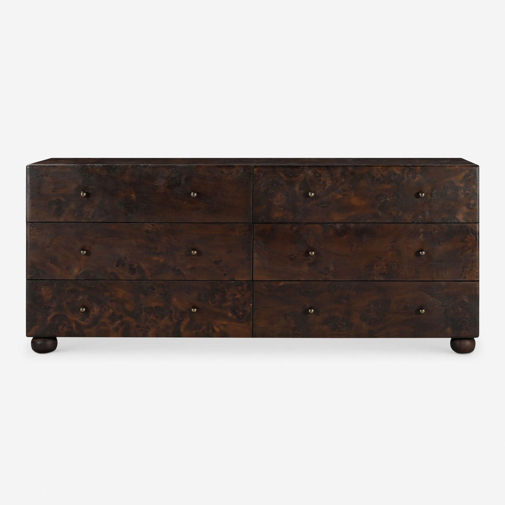 1. Front view of a Lulu and Georgia dresser with a dark wood finish and six drawers, perfect for bedrooms.