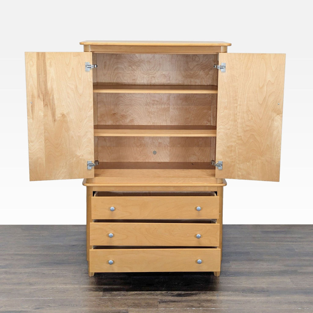 Modern Huppé Hutch & Armoire in clean maple, featuring upper cabinet and three roomy drawers below.  