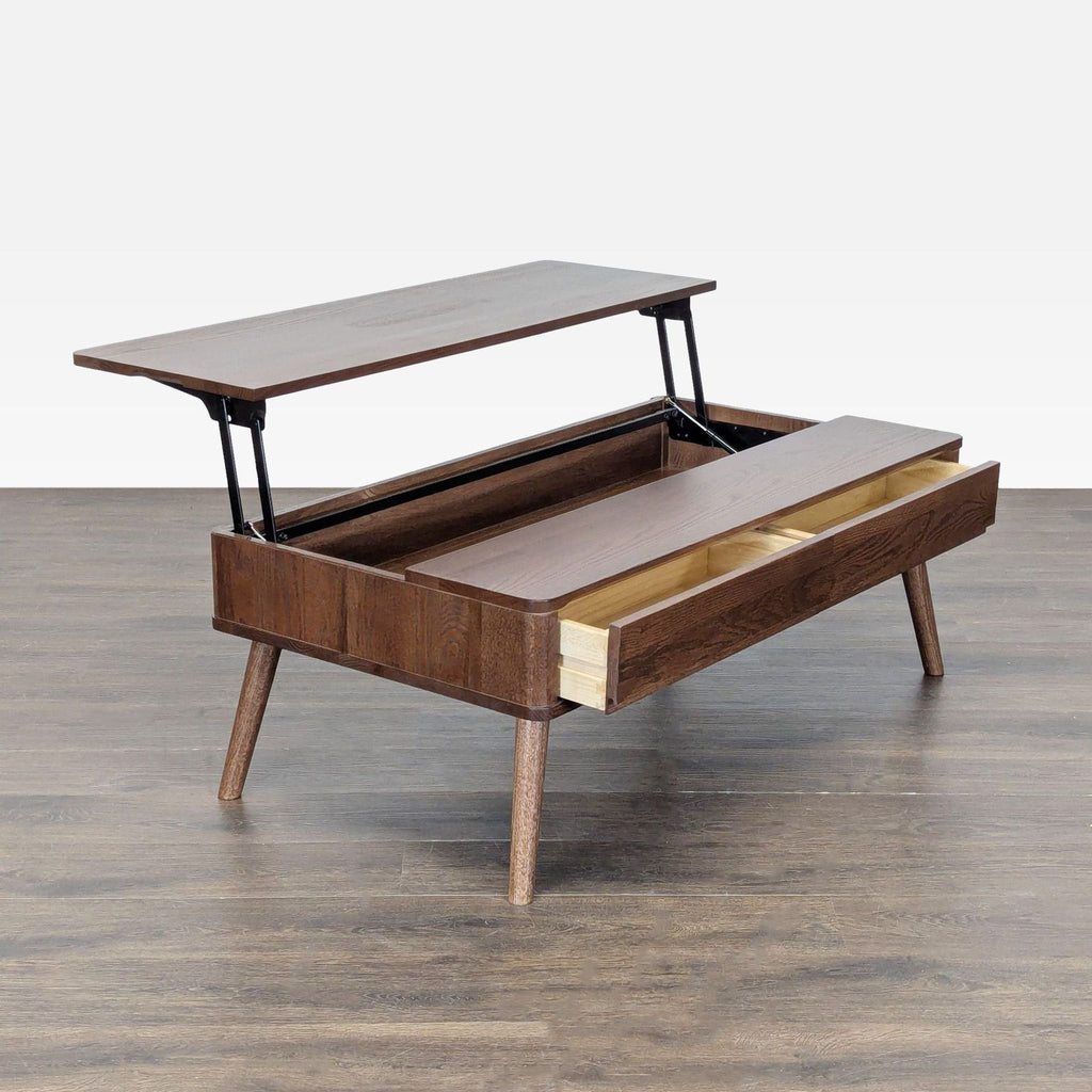2. Coffee table with a lift-top surface, internal storage, and one drawer partially open, in dark wood.
