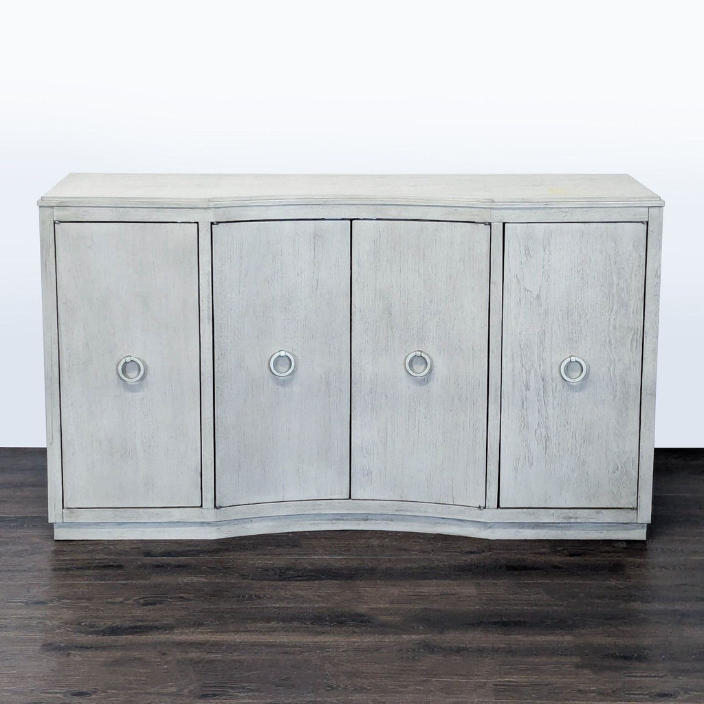1. Shadow Grey Rachael Ray Home credenza with four doors, wine shelves, silverware drawer, and vertical dividers.  