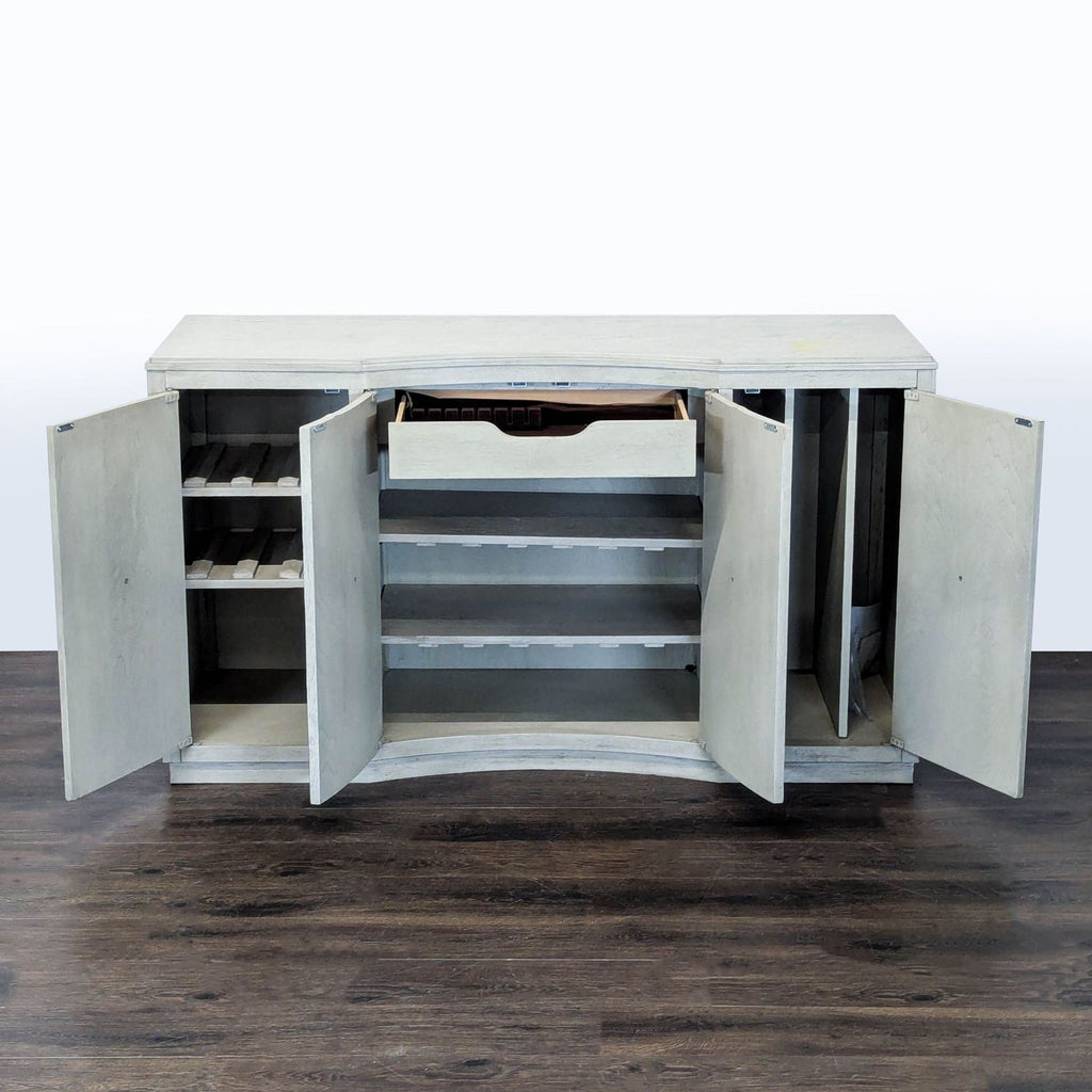 2. Modern sideboard in Shadow Grey finish, featuring adjustable wine storage and a pull-out drawer with tray.  