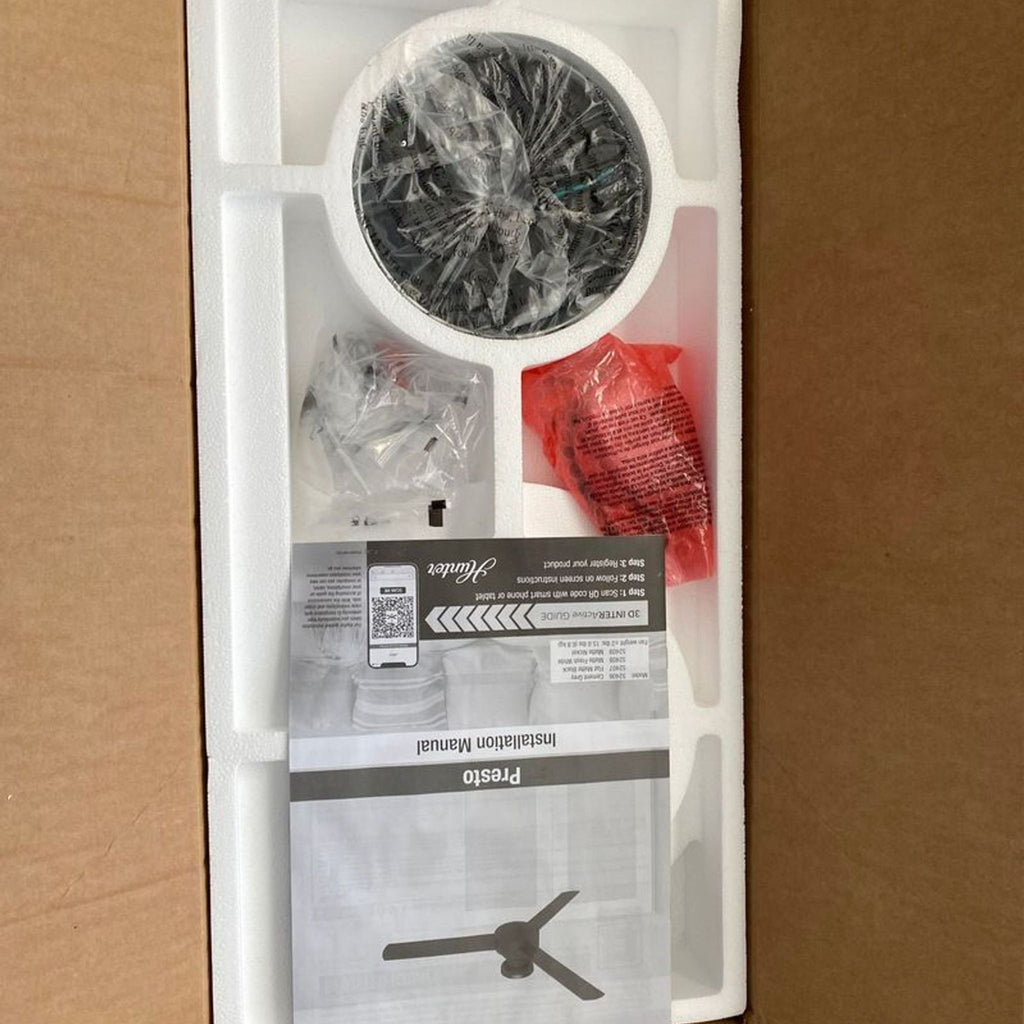 White Hunter Presto 3-blade ceiling fan in modern style, new in box with all parts and manual.