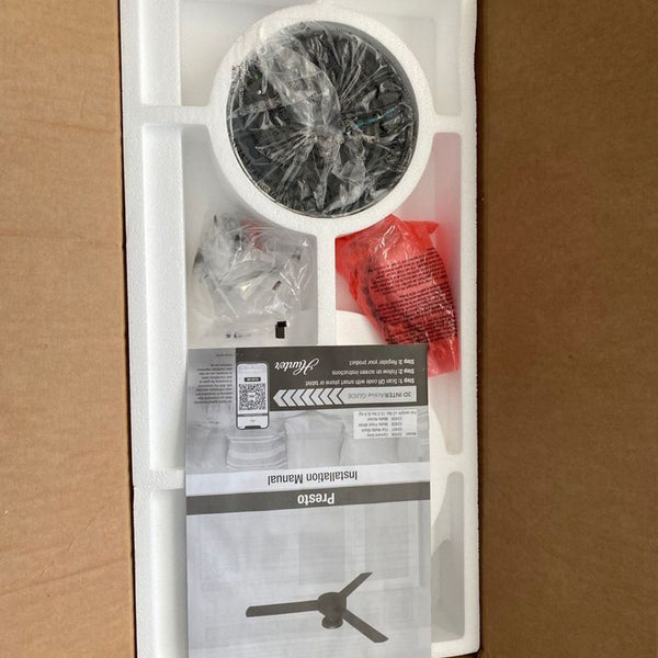 White Hunter Presto 3-blade ceiling fan in modern style, new in box with all parts and manual.