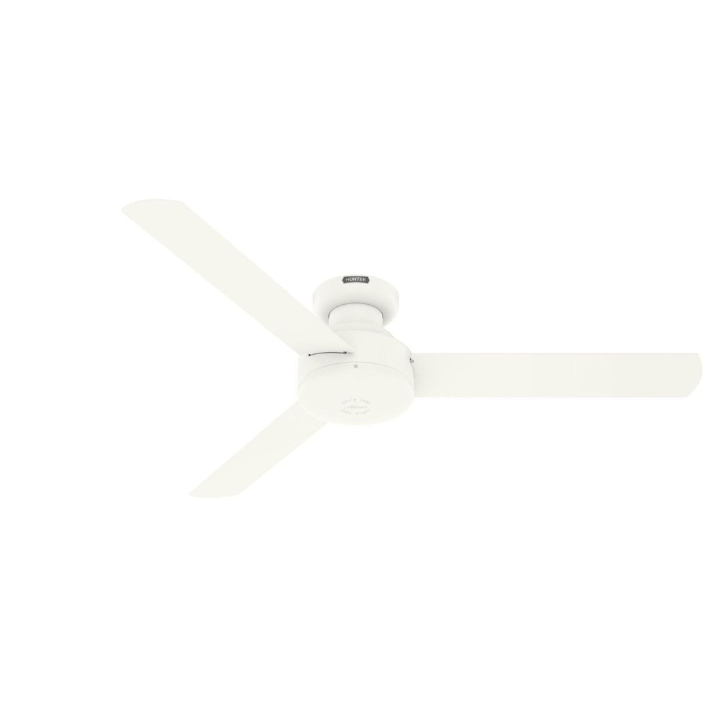 Brand new Hunter ceiling fan with three sleek white blades, original packaging and installation guide included.