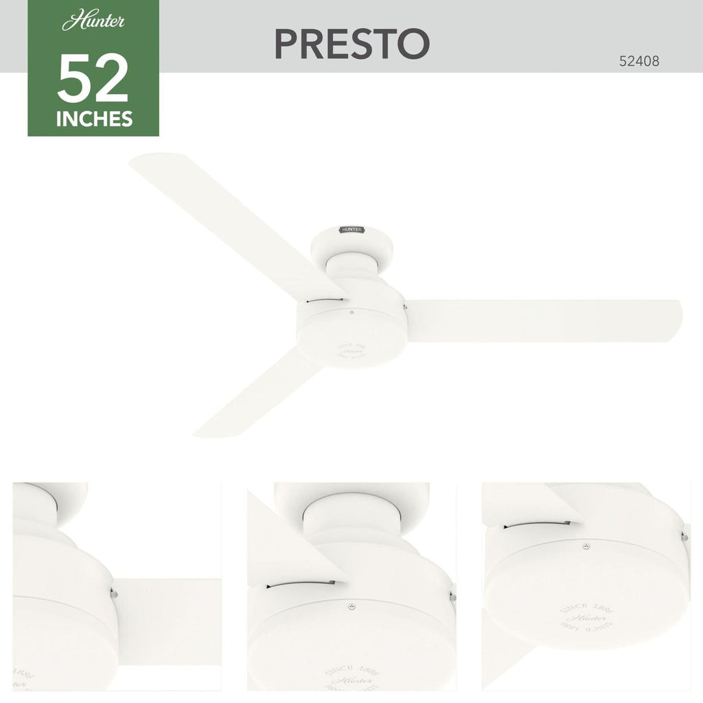 Hunter Presto ceiling fan, white, modern design, unopened box, includes accessories and instructions.