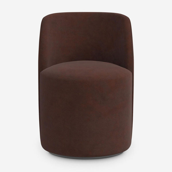 Modern dining chair with sloping barrel back, wine corduroy upholstery, and swivel base by Lulu and Georgia.