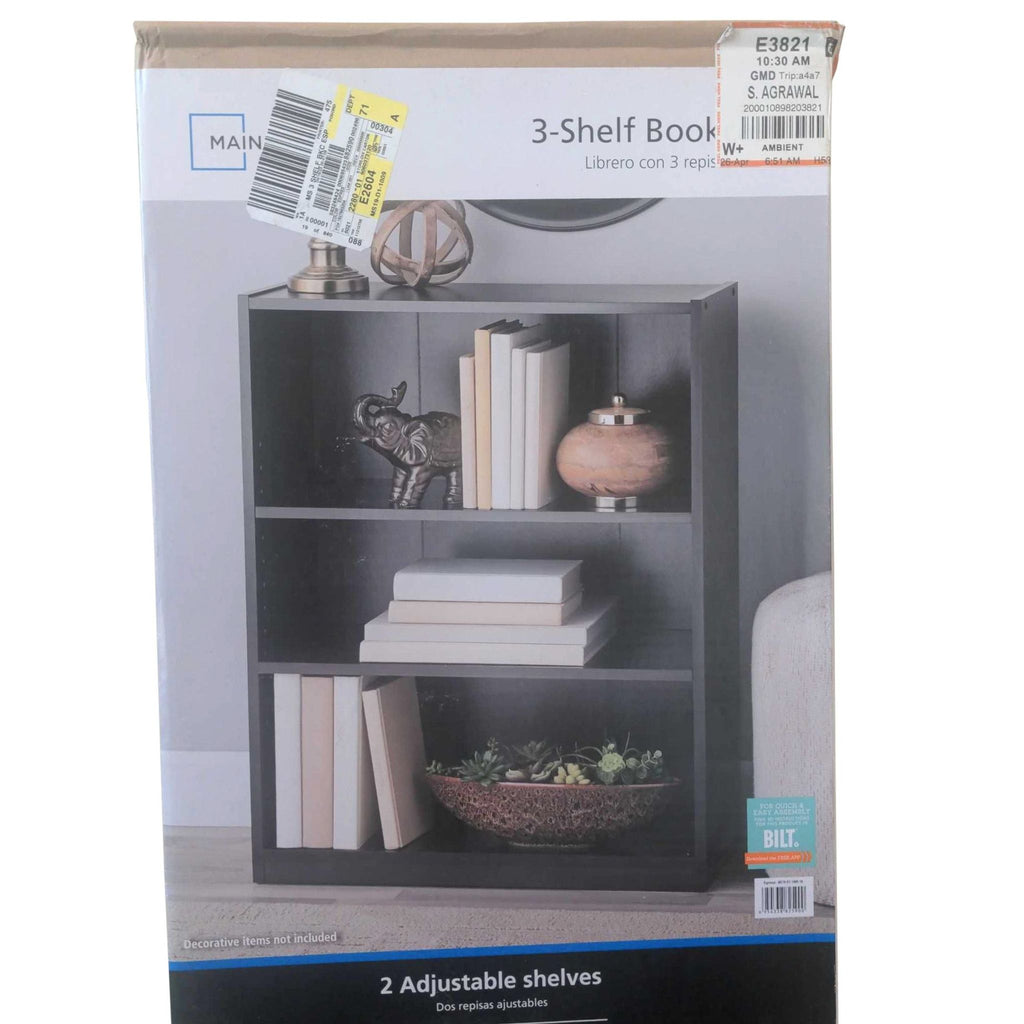 Modern dark wood Mainstays bookshelf with three spacious, flexible shelves; simple, sturdy design for versatile use.