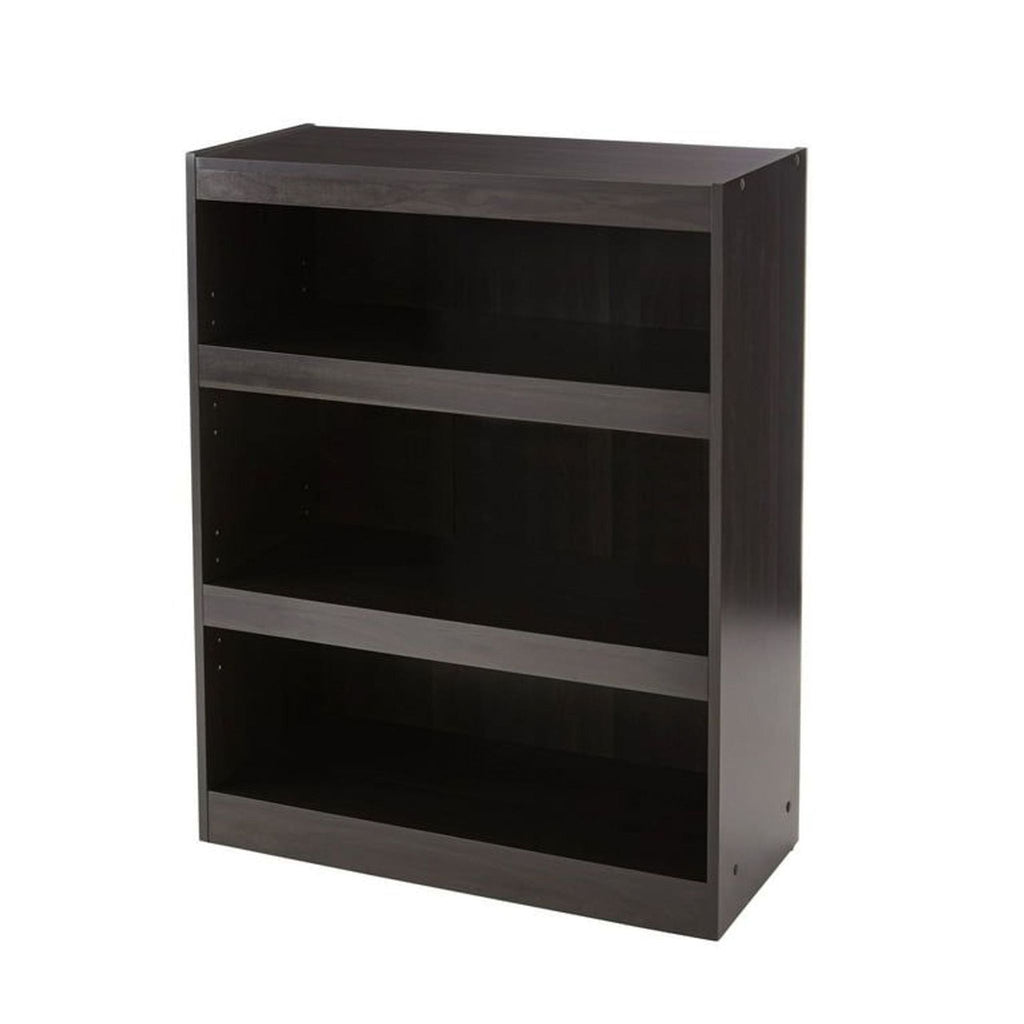 Mainstays bookshelf with three adjustable dark wood shelves, ideal for storing books and decor in any room.