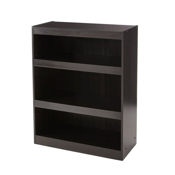 Mainstays bookshelf with three adjustable dark wood shelves, ideal for storing books and decor in any room.