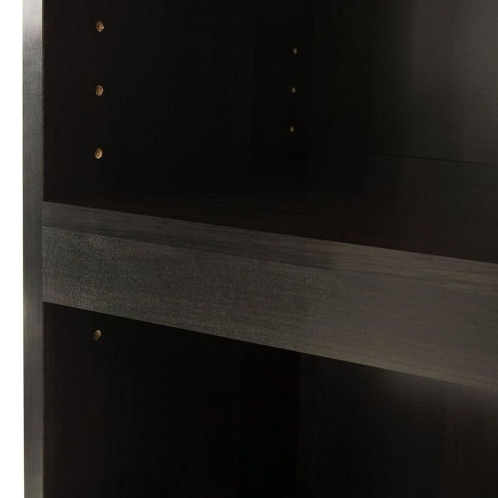 Three-shelf Mainstays bookcase in sleek dark finish; adjustable shelves fit books, office supplies, or decor easily.