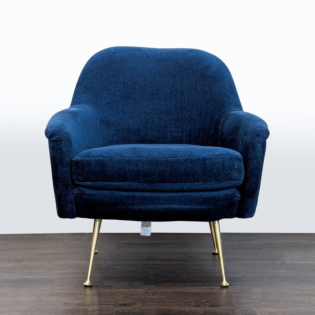 Blue velvet West Elm lounge chair with gold metal legs, perfect for relaxing in any living room or reading nook.  
