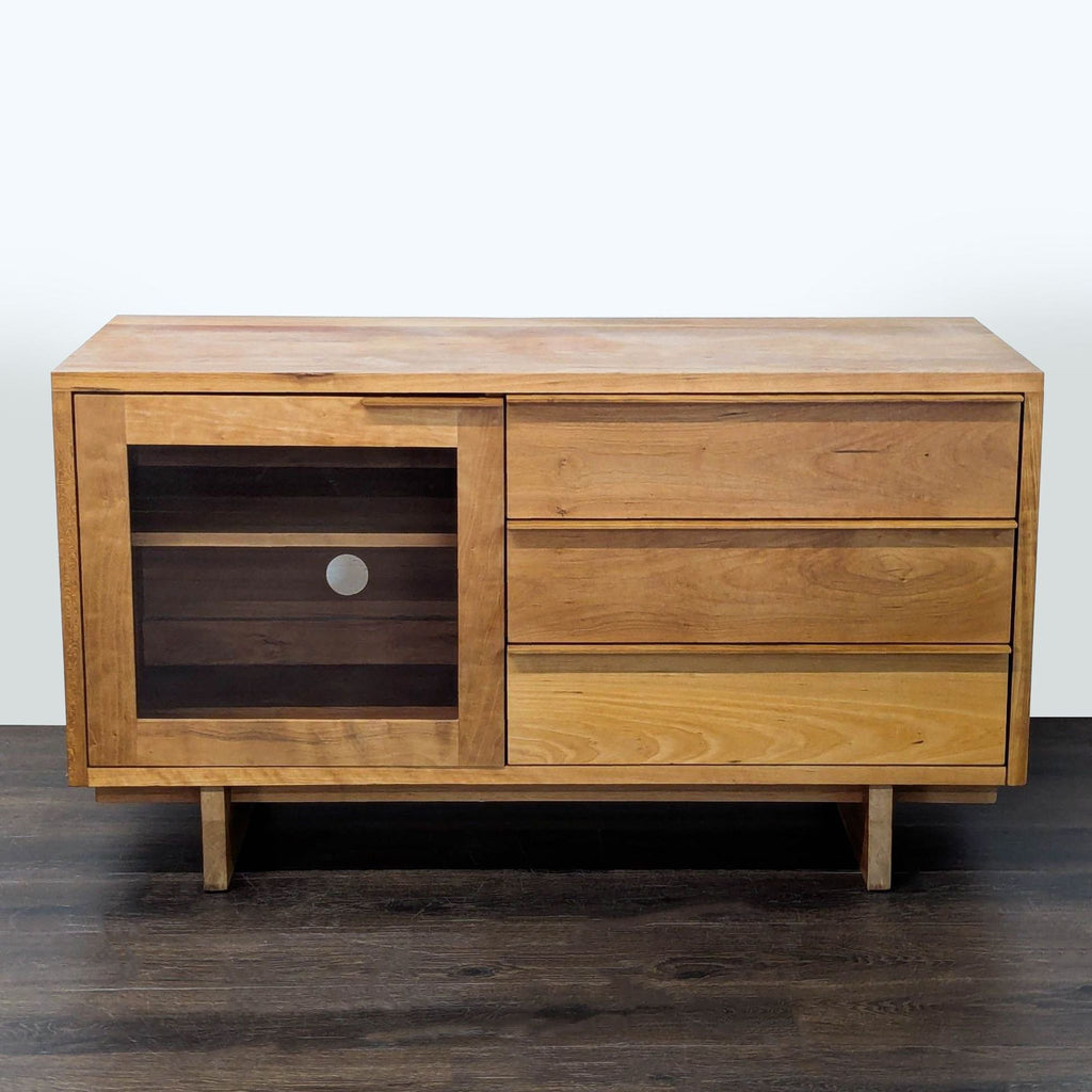 Glass-fronted sideboard with three drawers and shelves, by Room and Board.  