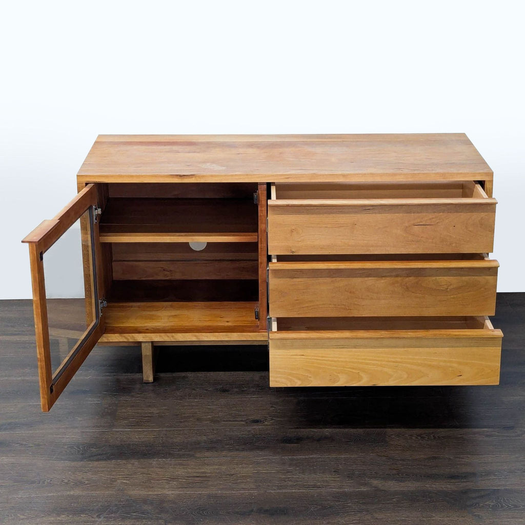 Room and Board credenza featuring glass doors, three drawers, and interior shelving.  