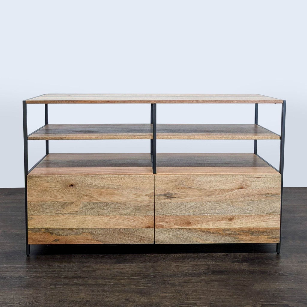 1. West Elm entertainment center with mango wood, 2 doors, 2 shelves, and blackened steel frame.