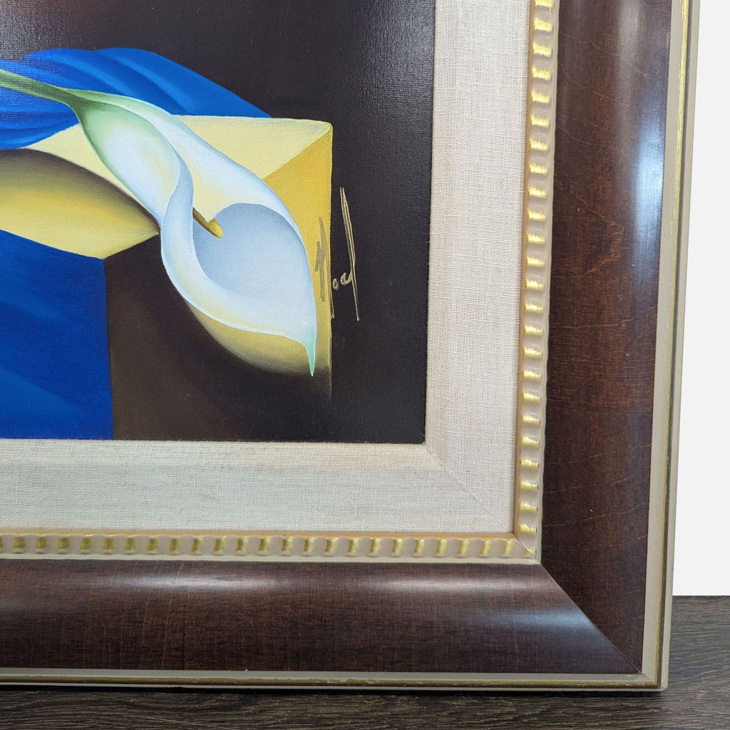 Noel Suarez drawing of calla lilies in a vase, with colorful drapery and warm tones, ready to hang.