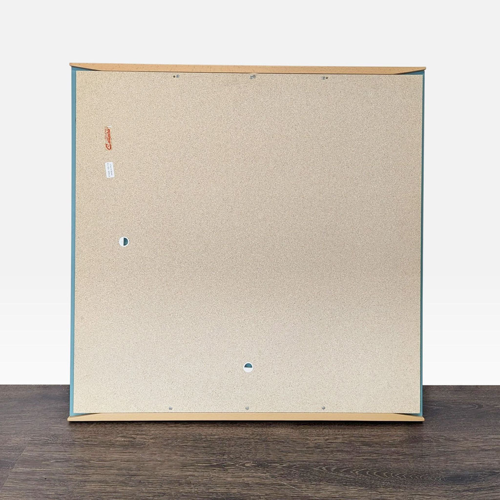 3. Back view of a square Calligaris mirror with mounting holes and labels, featuring a cherry wood frame.
