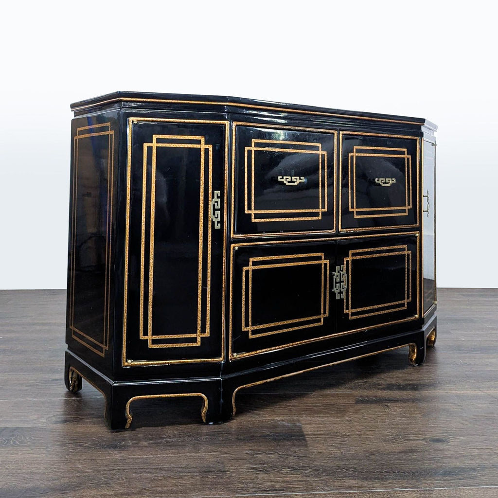 Statement multi-door credenza in striking black and gold, combining Chinoiserie motifs and glamorous cabinet design.