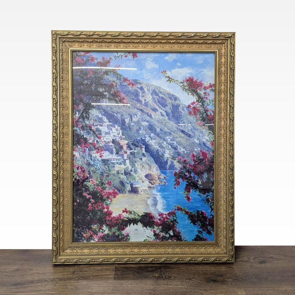 1. Framed coastal landscape painting by Curt Walters, showcasing vivid colors and detailed brushwork in a gold frame.