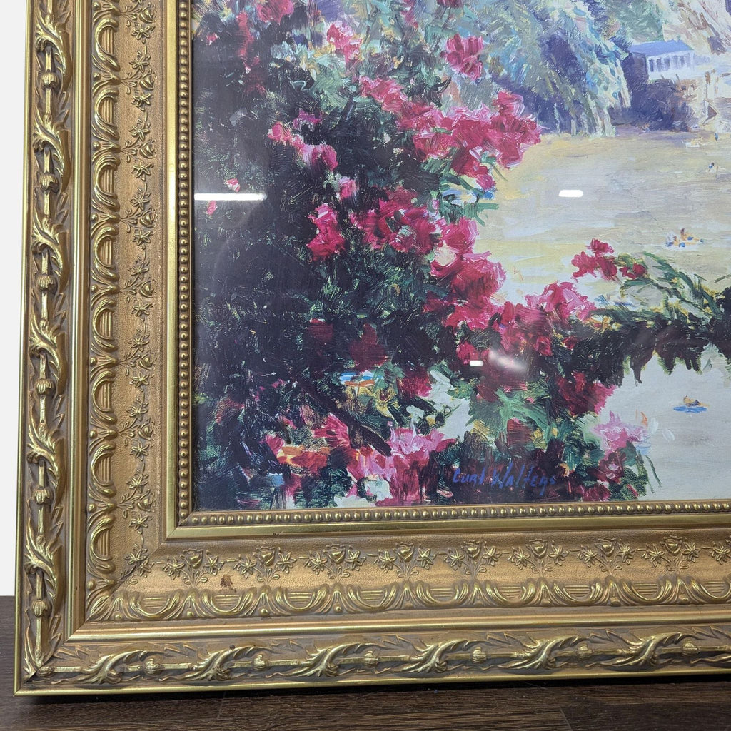 2. Close-up of ornate gold frame and artist Curt Walters' signature on a coastal landscape painting with vibrant flowers.