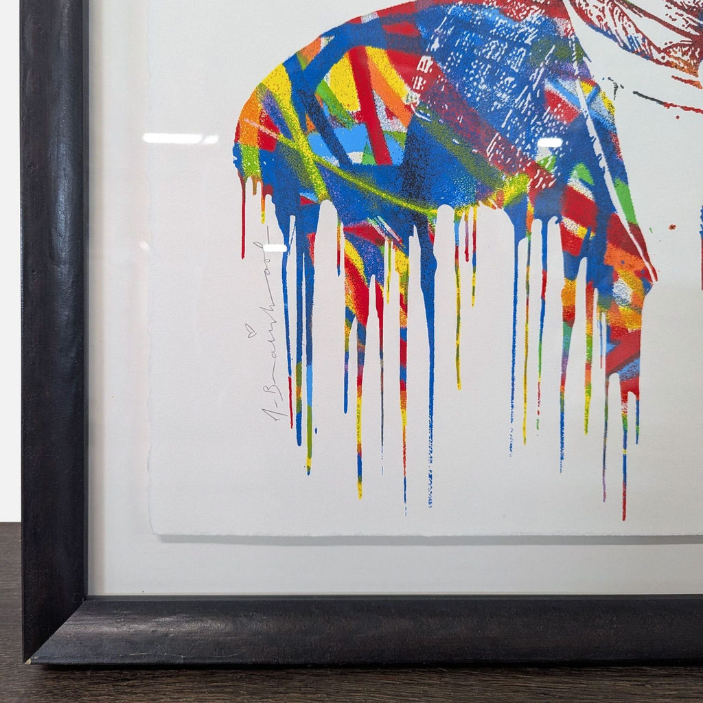 Vibrant drawing featuring expressive drip effects, framed in black; limited edition print by Mr. Brainwash, 71/125.