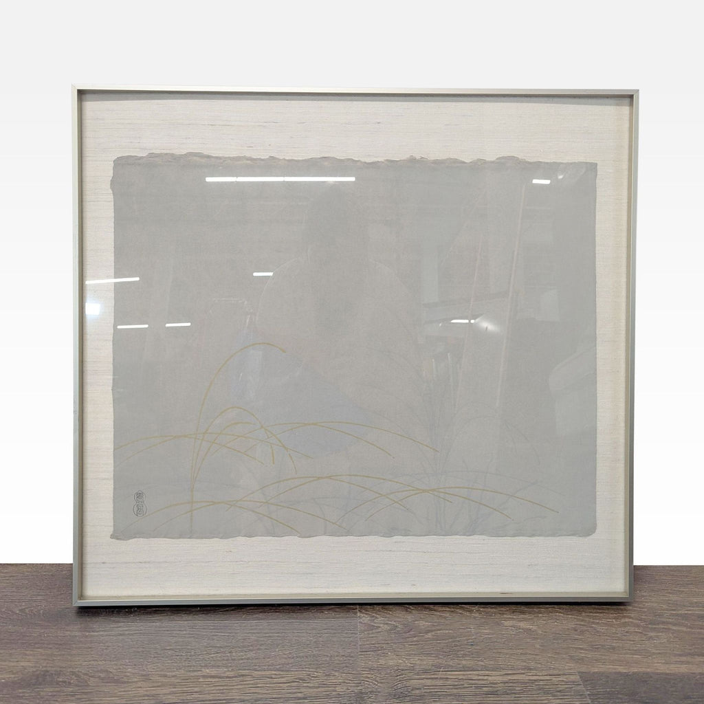 1. Framed Japanese print with gold grass motifs on handmade paper, set in a soft off-white mat.  