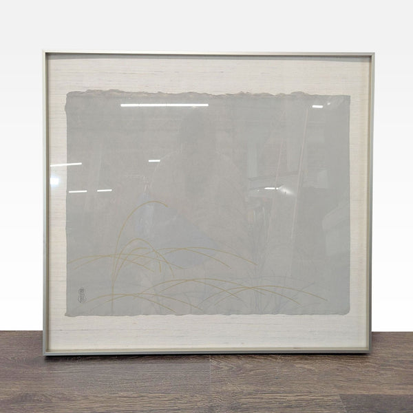 1. Framed Japanese print with gold grass motifs on handmade paper, set in a soft off-white mat.  
