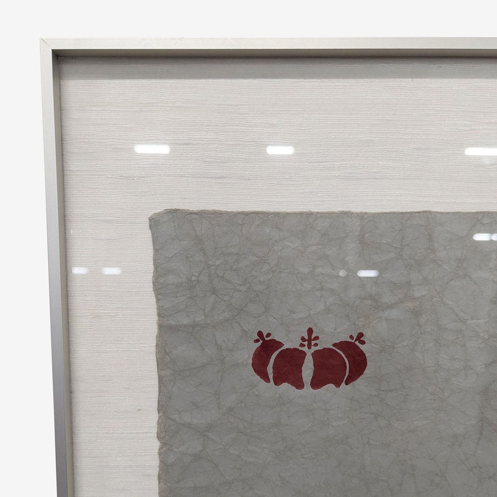 Framed Japanese Style Print with Red Pomegranate Pattern on Textured Paper
