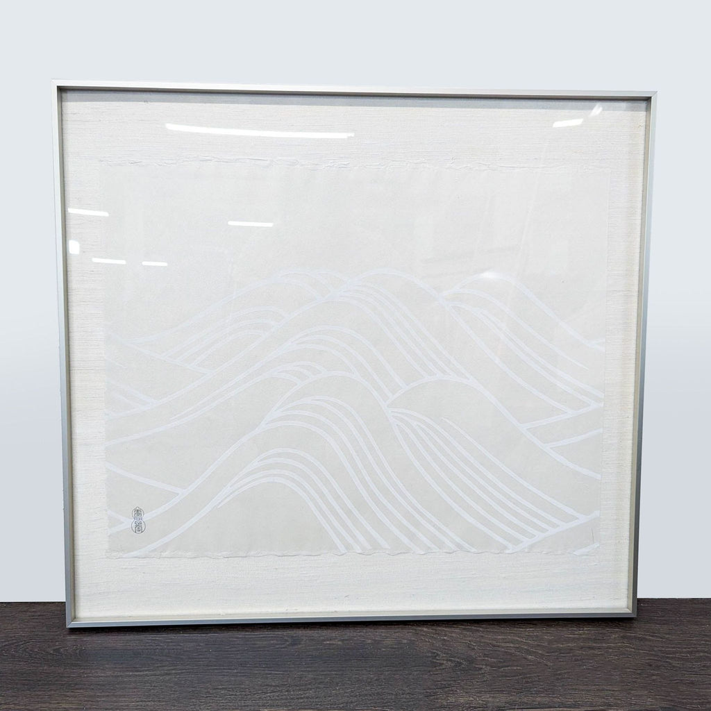 1. Framed minimalist Japanese print with elegant white wave patterns on silk paper, featuring an artist stamp.