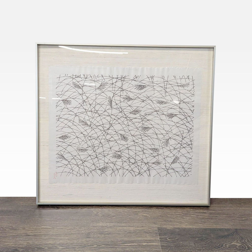 1. Framed Asian ink painting on silk, minimalist reed landscape with artist seal, floating mount over linen.
