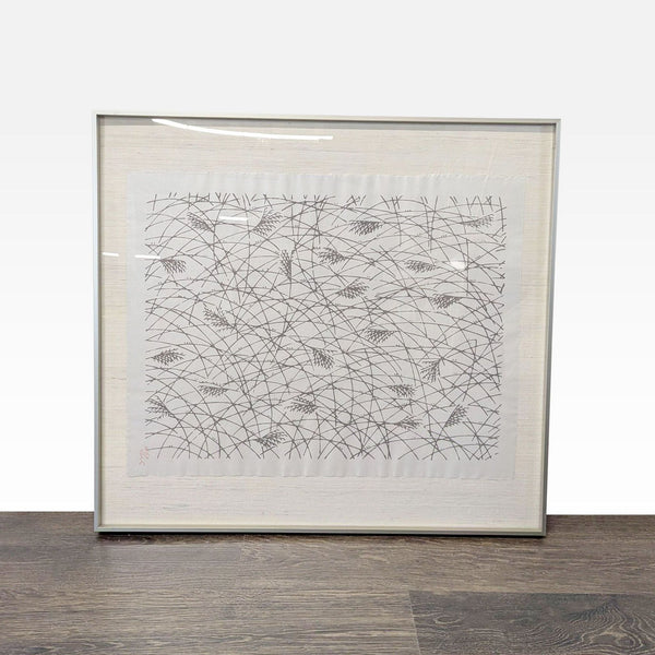 1. Framed Asian ink painting on silk, minimalist reed landscape with artist seal, floating mount over linen.