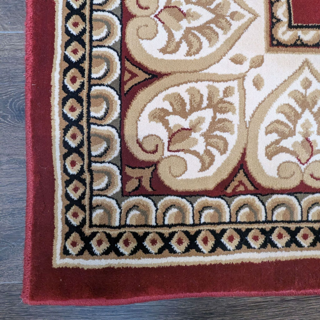 Elegant red rug with Fleur De Lis pattern, rectangular and large, ideal for various rooms and easy to clean.