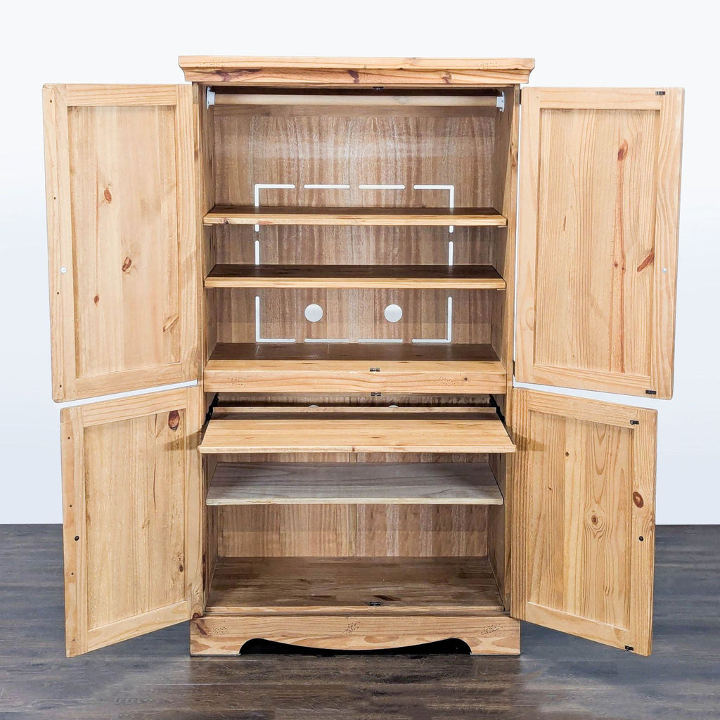 1. Open Pier 1 Imports hutch armoire with wooden shelves and four panel doors, suitable for organized storage.